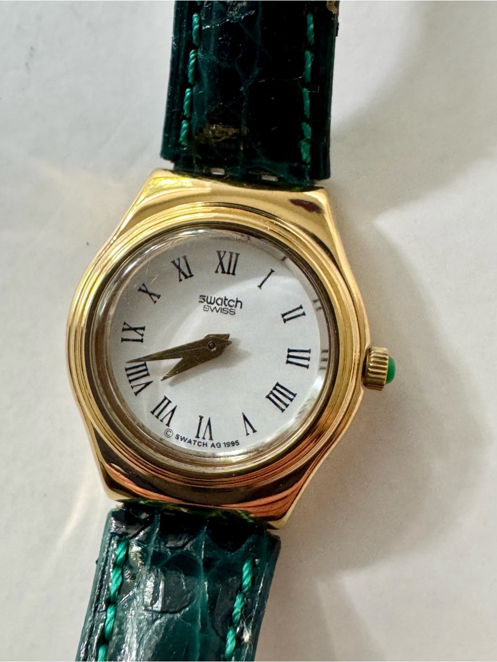 Swatch Gold-Tone Back Case Watch with Green Leather Strap